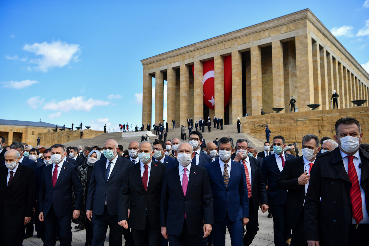 Turkse parlementsleden schonden in april op flagrante wijze de regels voor social distancing tijdens een ceremonie ter gelegenheid van Nationale Souvereiniteits- en Kinderdag. Beeld AP