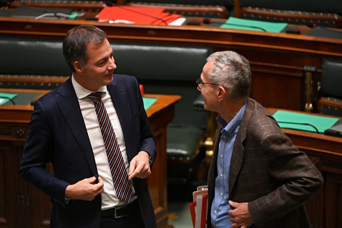 Premier Alexander De Croo en zijn socialistische vicepremier Frank Vandenbroucke (Vooruit) in het federaal parlement.