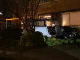 Automobilist ramt lantaarnpaal en rijdt een voortuin in Hengelo in