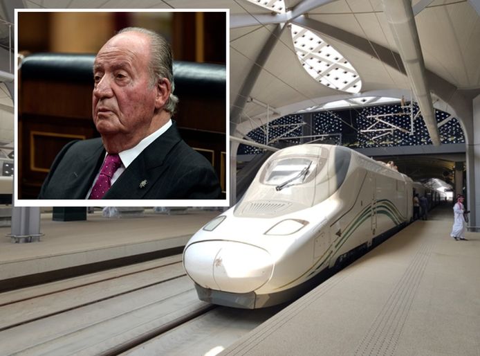 Hogesnelheidstreinen van het Spaanse overheidsbedrijf Renfe rijden sinds 2018 op trajecten in Saudi-Arabië. Foto: een van de bewuste treinen in het station van Jedda. Inzet: ex-koning Juan-Carlos.