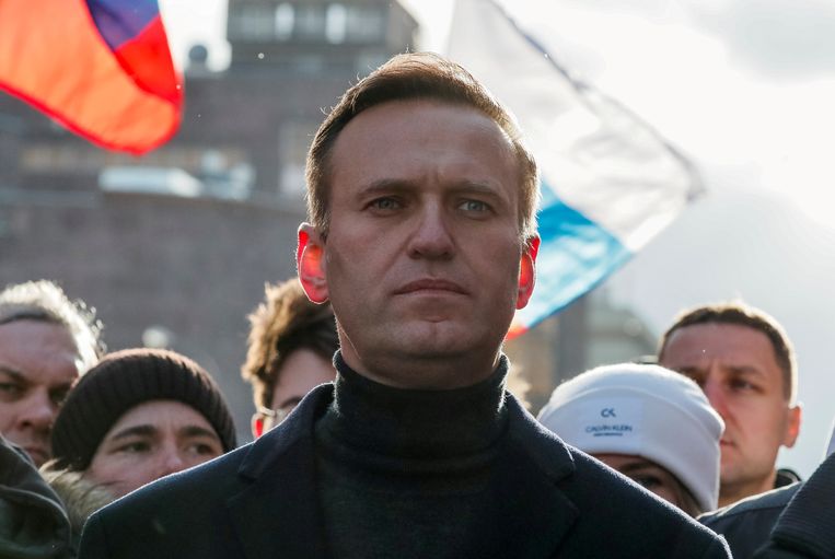 Alexei Navalny leidt in februari 2020 nog een bijeenkomst van de oppositie in Moskou.  Beeld Reuters