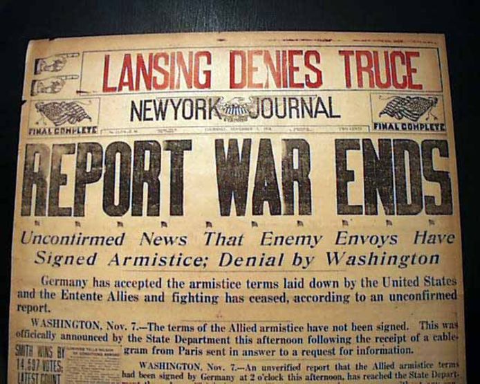 De New York Journal bericht op 7 november 1918, vier dagen te vroeg, over het einde van de Eerste Wereldoorlog