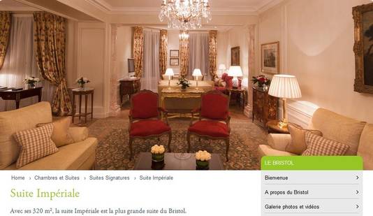 La "suite impériale" de Becks. (capture d'écran: http://www.lebristolparis.com)/