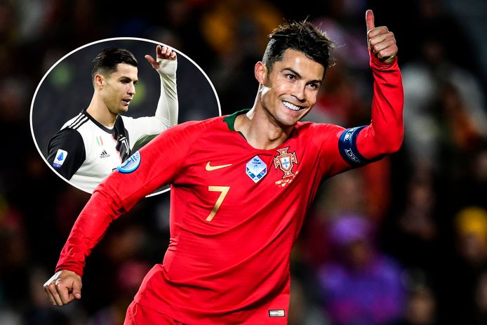 Cristiano Ronaldo: met een duimpje als scorende international en een klein wegwerpgebaar vlak voor zijn wissel bij Juve (inzet)..
