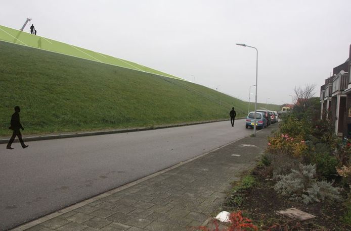 Impressie dijkversterking Hansweert. Het lichtgroene deel laat zien dat de dijk een stuk hoger wordt.