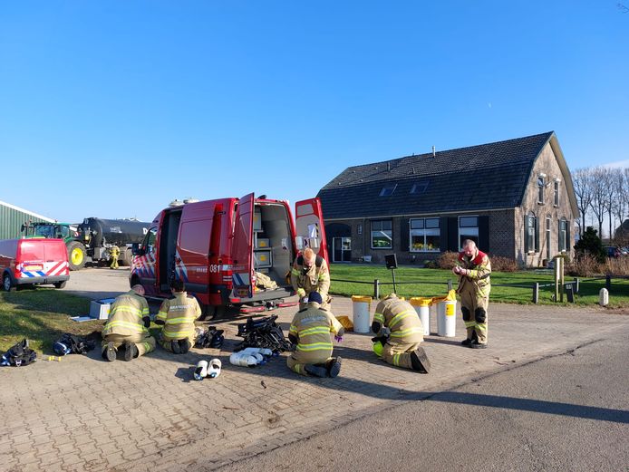 De brandweermensen moeten luchtmaskers dragen om in de mestput de varkens te kunnen redden in Toldijk.