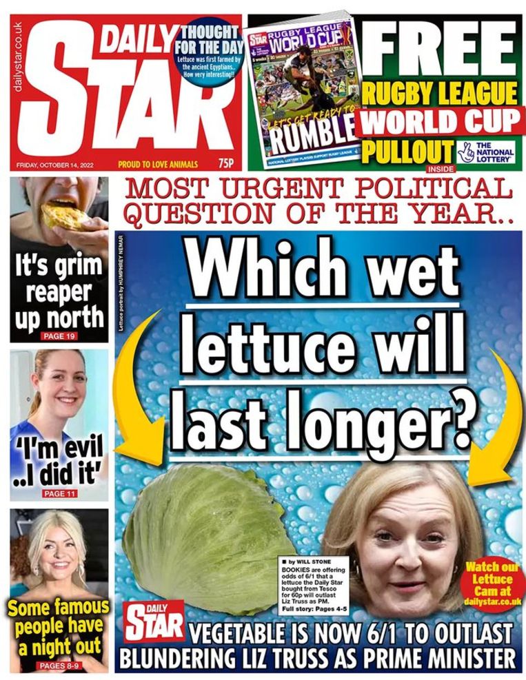 De voorpagina van de Britse tabloid Daily Star op vrijdag 14 oktober. Beeld Daily Star