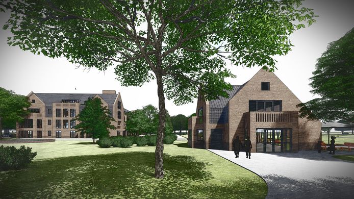 Het theehuis (rechts) en het landhuis met appartementen.