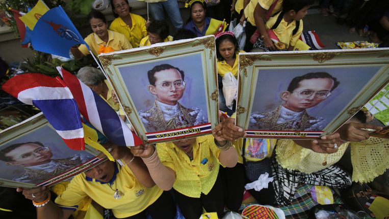Thaise koningsgezinden staan voor het ziekenhuis dat koning Bhumibol na een verblijf van zeven maanden vandaag verliet. Beeld ap