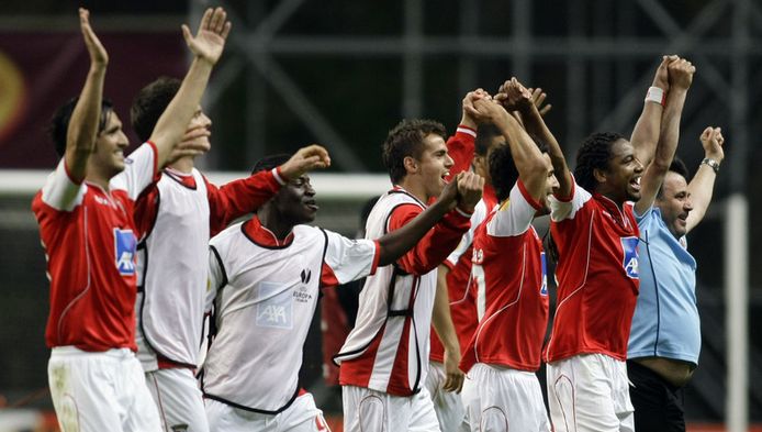 Spelers van Braga vieren de overwinning in de kwartfinale van Europa League.