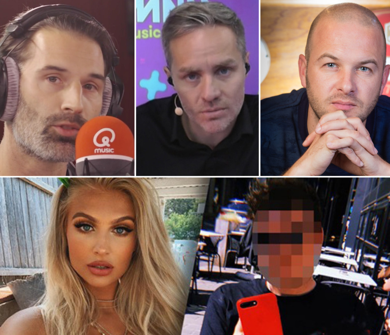 Van links naar rechts: Sean Dhondt, Peter Van de Veire, Stan Van Samang, het Australische model Erin James en verdachte Gregory R. Beeld Qmusic, VRT, Belga, Instagram