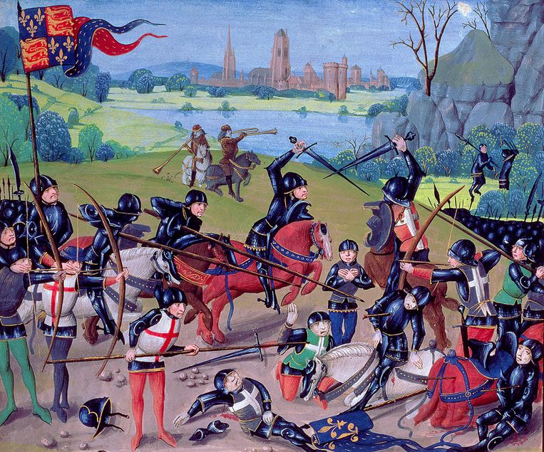 De Slag bij Azincourt, vijftiende-eeuwse miniatuur. Jan van Brederode sneuvelde tijdens deze veldslag. Beeld www.bridgemanart.com