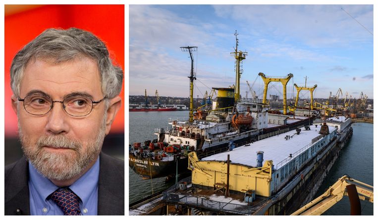 Paul Krugman. / Schepen in de haven van Marioepol. ‘We zijn helaas de lessen van de Eerste Wereldoorlog opnieuw aan het leren: oorlogen en de grillen van dictators zijn altijd een bedreiging voor de voordelen van de globalisering.’
 Beeld DM