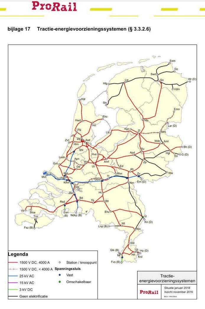 Het Nederlandse spoorwegennet. De zwarte lijnen worden bereden door dieseltreinen.