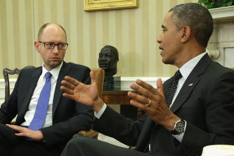 President Obama en de nieuwe Oekraïense premier Arseni Jatsenjoek op het Witte Huis Beeld getty