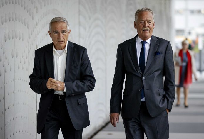 Anton Kotte (left) and Piet Ploeg, board members of the Vliegramp MH17 foundation, during one of the earlier sessions in the criminal trial.