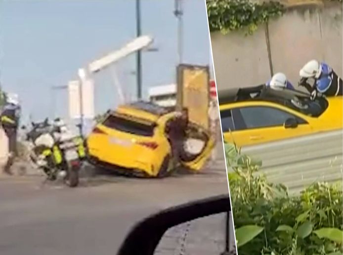 Links is de kanariegele auto op een verkeerseiland definitief tot stilstand gekomen. De agent die het fatale schot loste (rechts), haast zich nu naar de zieltogende bestuurder Nahel.