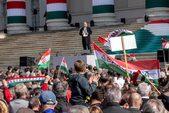 Orban tijdens zijn toespraak voor het Nationaal Museum in Boedapest.