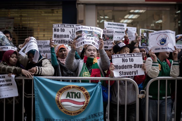 Een demonstrantie tegen 'moderne slavernij' vandaag in Hongkong. Beeld AFP