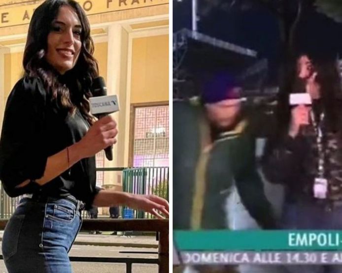 À droite : le moment où le supporter de football donne la tape sur les fesses. À gauche : Greta Beccaglia.