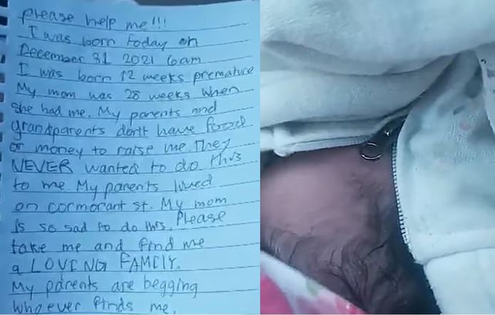 Een foto van het briefje en de achtergelaten baby in Alaska.
