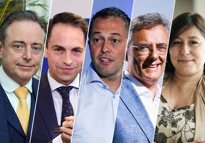 V.l.n.r: Bart De Wever (N-VA), Tom Van Grieken (Vlaams Belang), Egbert Lachaert (Open Vld), Joachim Coens (CD&V) en Meyrem Almaci (Groen).