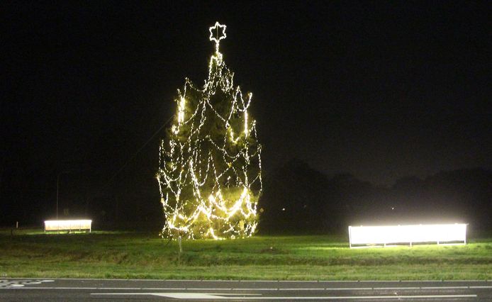 De Sterren Stralen-boom, met ingeschakelde lampjes.