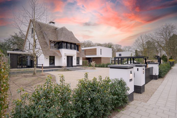 Het vooraanzicht van de villa aan de Spoolderbergweg in Zwolle die voor 1.700.000 euro te koop staat.
