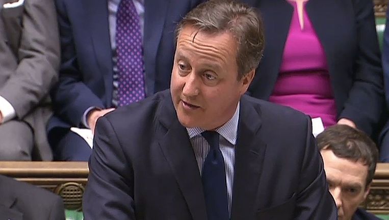 De Britse premier David Cameron vandaag in the Houses of Parliament. Beeld afp