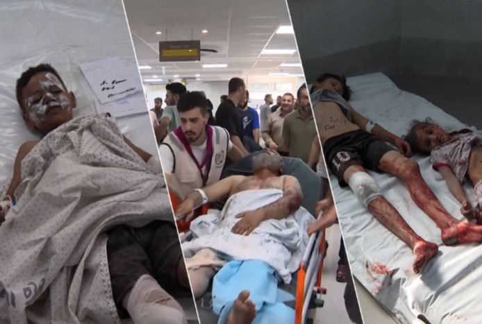 Patiënten liggen op de grond in een ziekenhuis in de Gazastrook