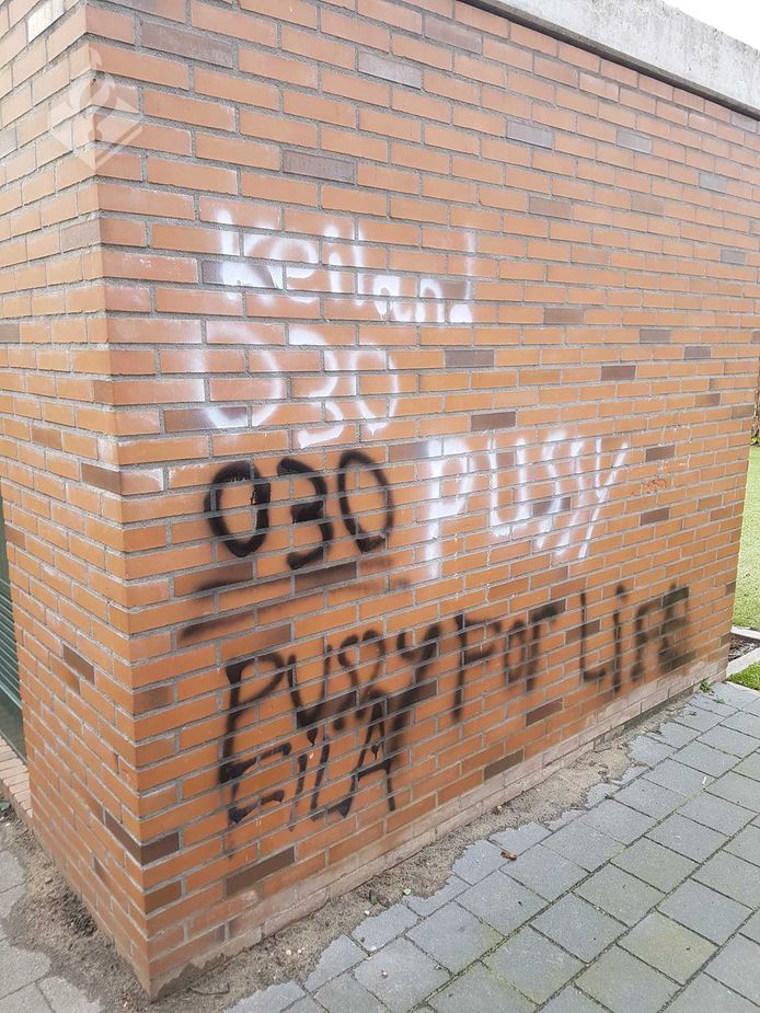 Graffiti op de speelplaats Uilvlinder in Parkwijk in Utrecht. De 15-jarige dader werd 'na enig' speurwerk door de politie gepakt