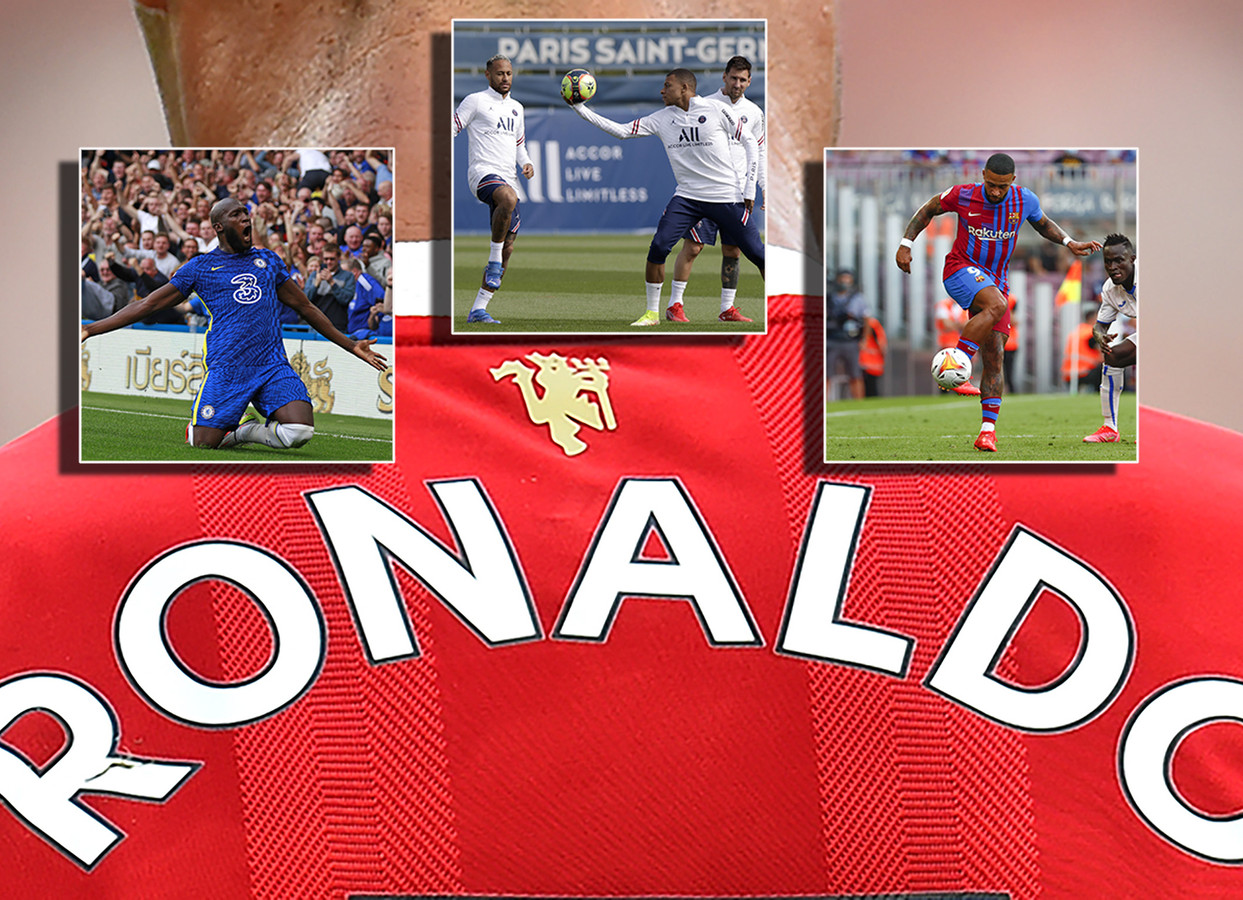 De rug van Ronaldo. Inzetjes: Romelu Lukau, de drie van PSG en Memphis.