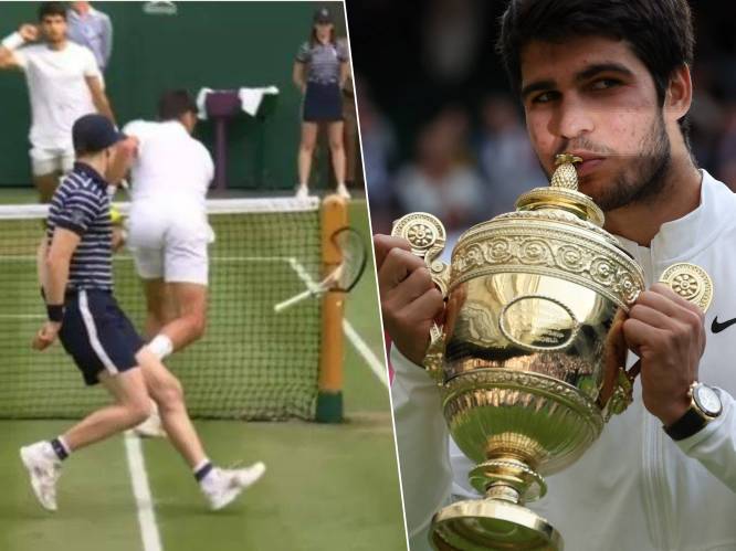 Wimbledon heeft nieuwe koning: Alcaraz wint na ongelofelijke finale in vijf sets van Djokovic die gefrustreerd racket stuk smasht op netpaal
