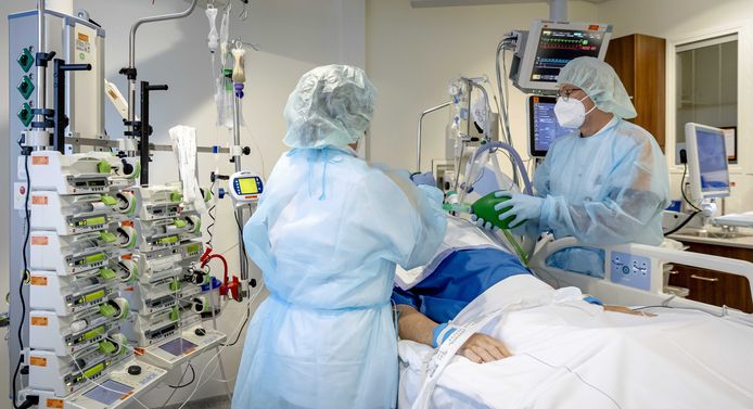 Verplegend personeel bij een coronapatient op de IC-afdeling van het Maasstad Ziekenhuis.