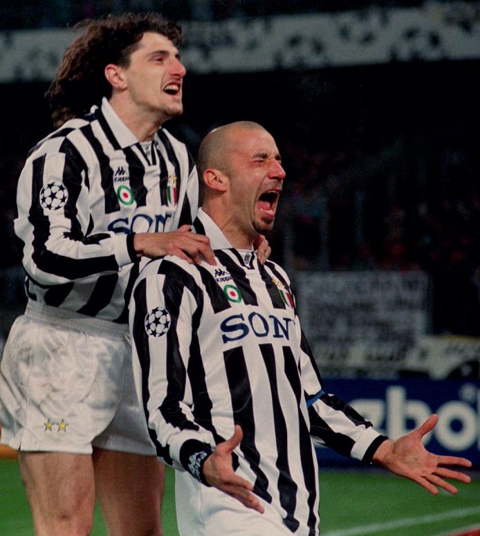 April 1996: Vialli heeft voor Juventus gescoord in de halve finale van de Champions League tegen Nantes.