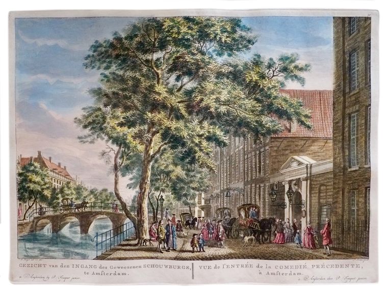 Een gravure toont het poortje van de Amsterdamse schouwburg, waar zijn spektakelstukken werden opgevoerd. Beeld UvA