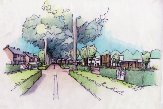 Impressie van de negen woningen (rechts) die CPO Emmastraat wilde gaan bouwen aan de Emmastraat in Nuenen.