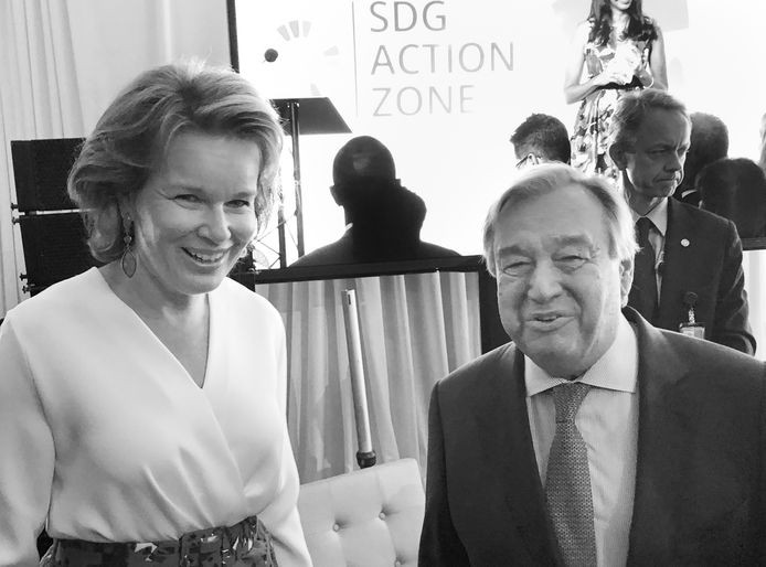 Koningin Mathilde samen met VN-secretaris-generaal Antonio Guterres.