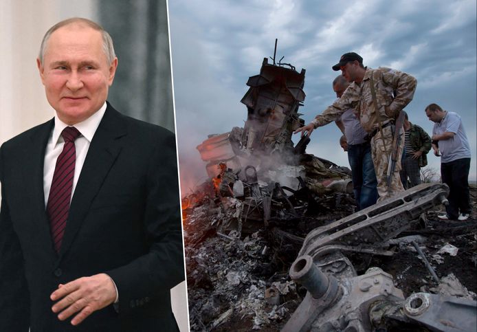 Fotomontage. Het Kremlin verwerpt de bevinding van onderzoekers dat Poetin een grote rol had bij het leveren van het wapentuig dat vlucht MH17 neerhaalde en daarom actief betrokken was bij de ramp.