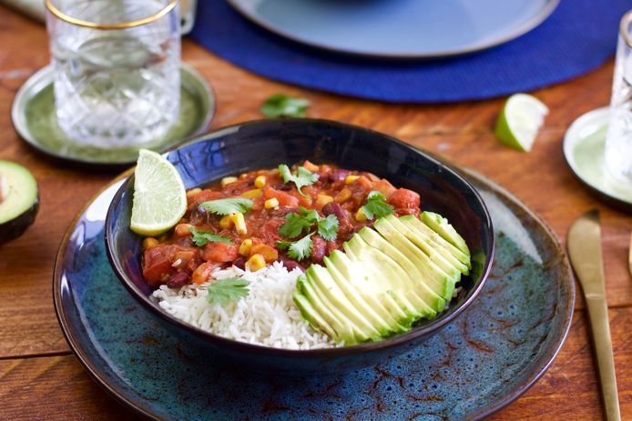 Chili sin carne met zoete aardappel.