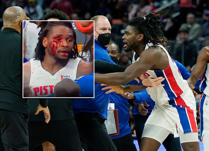 Isaiah Stewart door het dolle na een klap van LeBron James. Inzet: zijn hoofdwond.