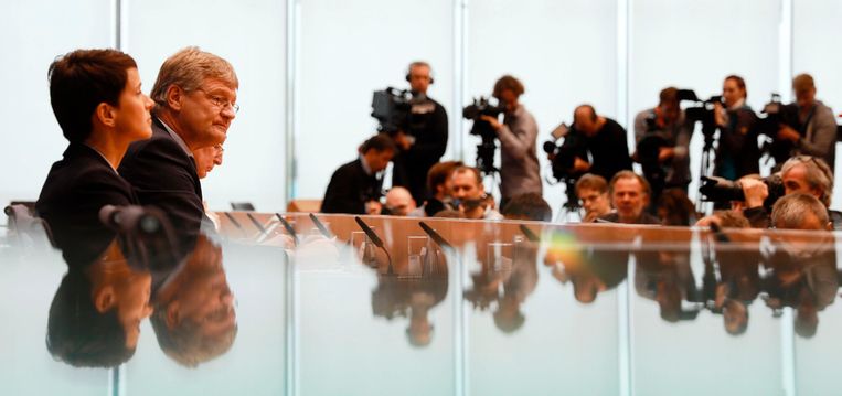 De partijtop van de AfD blijft verbaasd achter nadat Frauke Petry haar afsplitsing bekend heeft gemaakt. Beeld afp