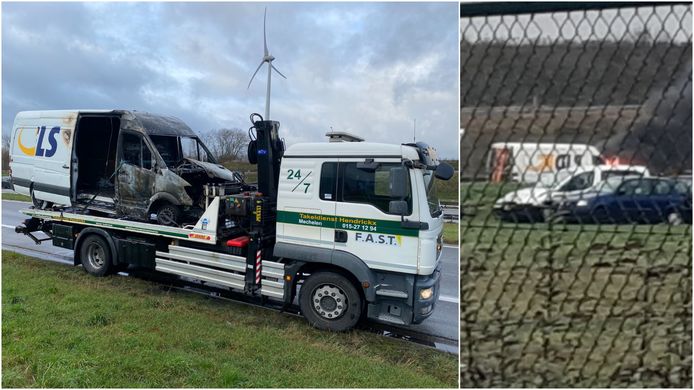 WILLEBROEK - De bestelwagen vatte vuur op de afrit van A12 ter hoogte van de afrit richting Boom en brandde volledig uit.
