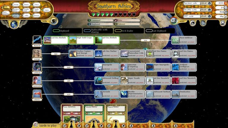 Een screenshot uit ‘Fate of the World’, waarin de speler wordt geconfronteerd met de complexiteit van politieke beslissingen op vlak van klimaat Beeld rv