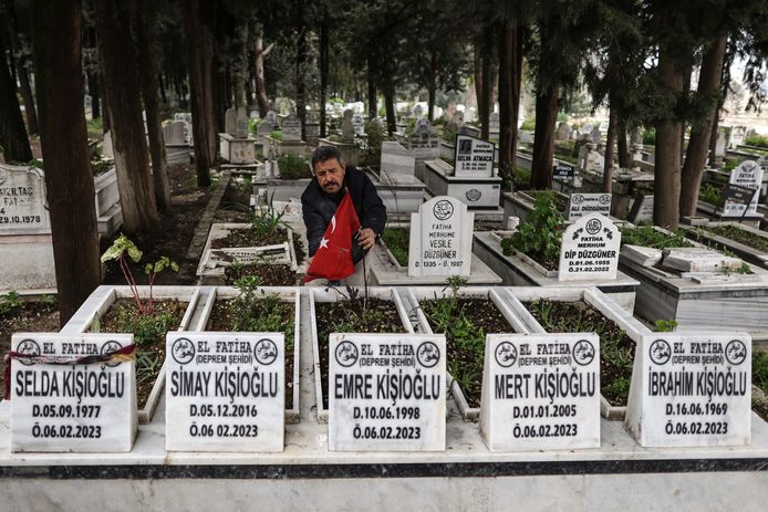 Могильщик на кладбище жертв землетрясения в Хатае, Турция.