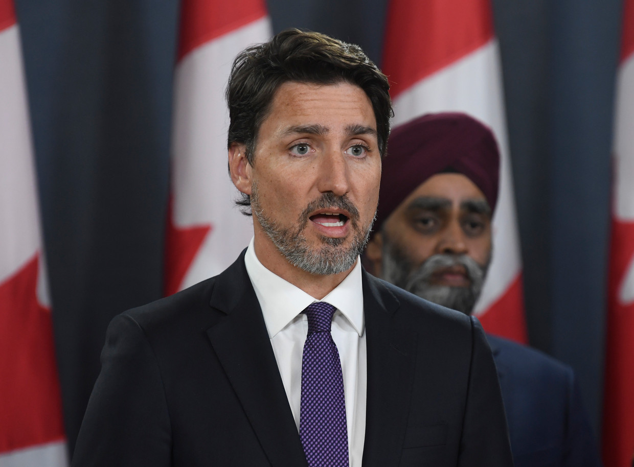 Canadees premier Trudeau tijdens een persconferentie in Ottawa. Volgens de Canadese premier  is de  Oekraïense Boeing 737-800 waarschijnlijk neergehaald met een Iraanse luchtdoelraket. Beeld AP