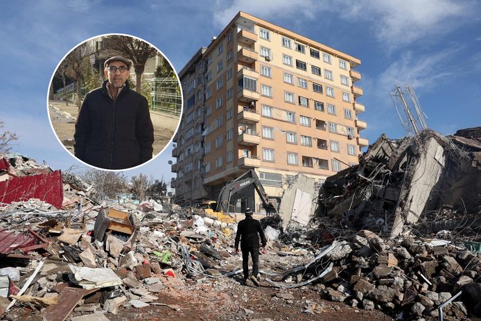 Gaziantep. Sommige appartementencomplexen staan nog overeind, maar zijn door de scheuren in de muur onbewoonbaar. Inzet: Ido Al Aido in zijn wijk in Gaziantep na de aardbeving in Turkije.