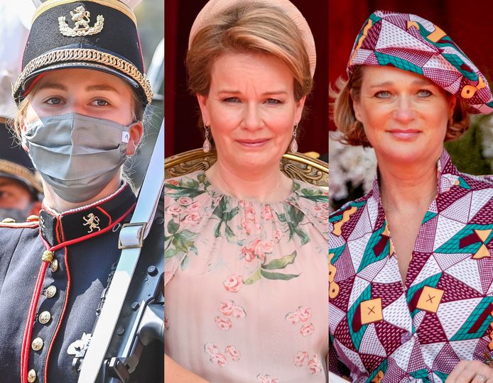 Op de foto: Prinses Elisabeth, koningin Mathilde en prinses Delphine.