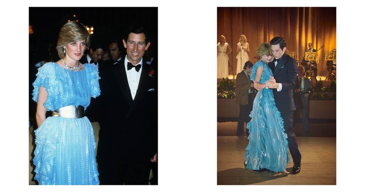 Links: Prinses Diana en prins Charles in Australië in 1983. Diana draagt een jurk van Bruce Oldfield. Rechts: still uit de serie.  Beeld Netflix/Getty