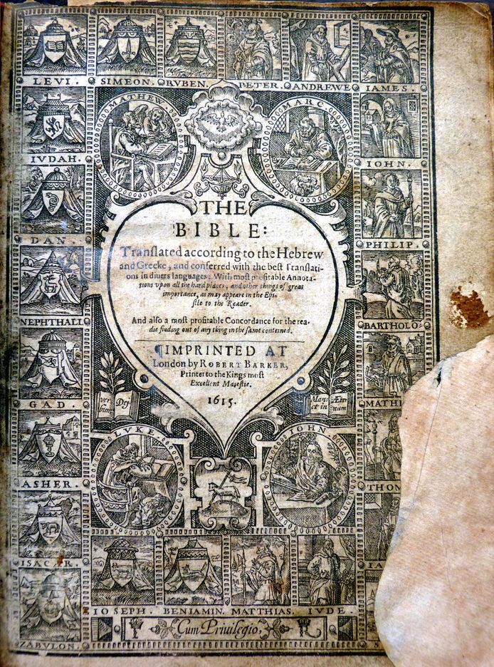 De titelpagina van de gestolen en teruggevonden Geneefse Bijbel.